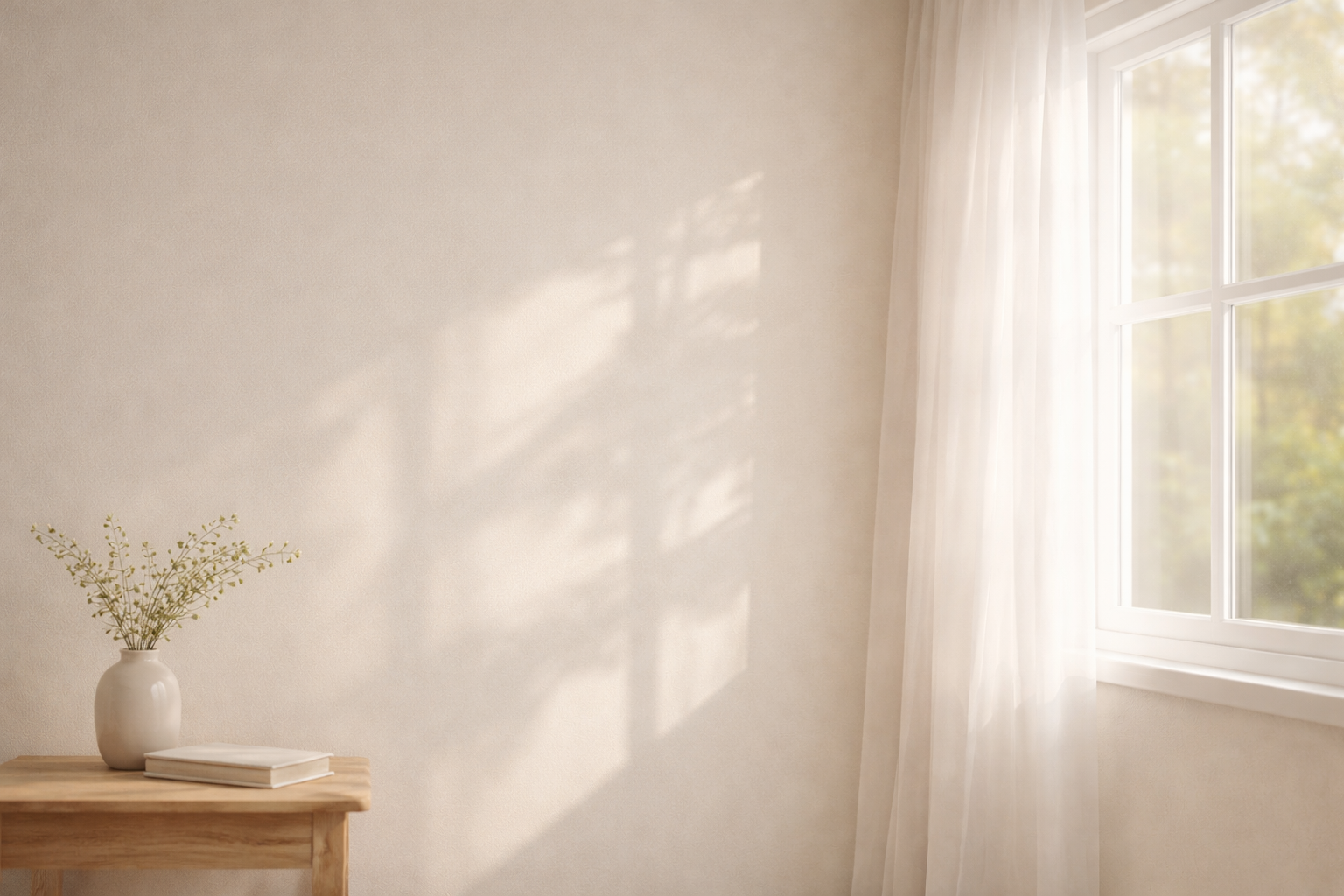 Soft, light-filled interior with a window creating a calm, peaceful atmosphere